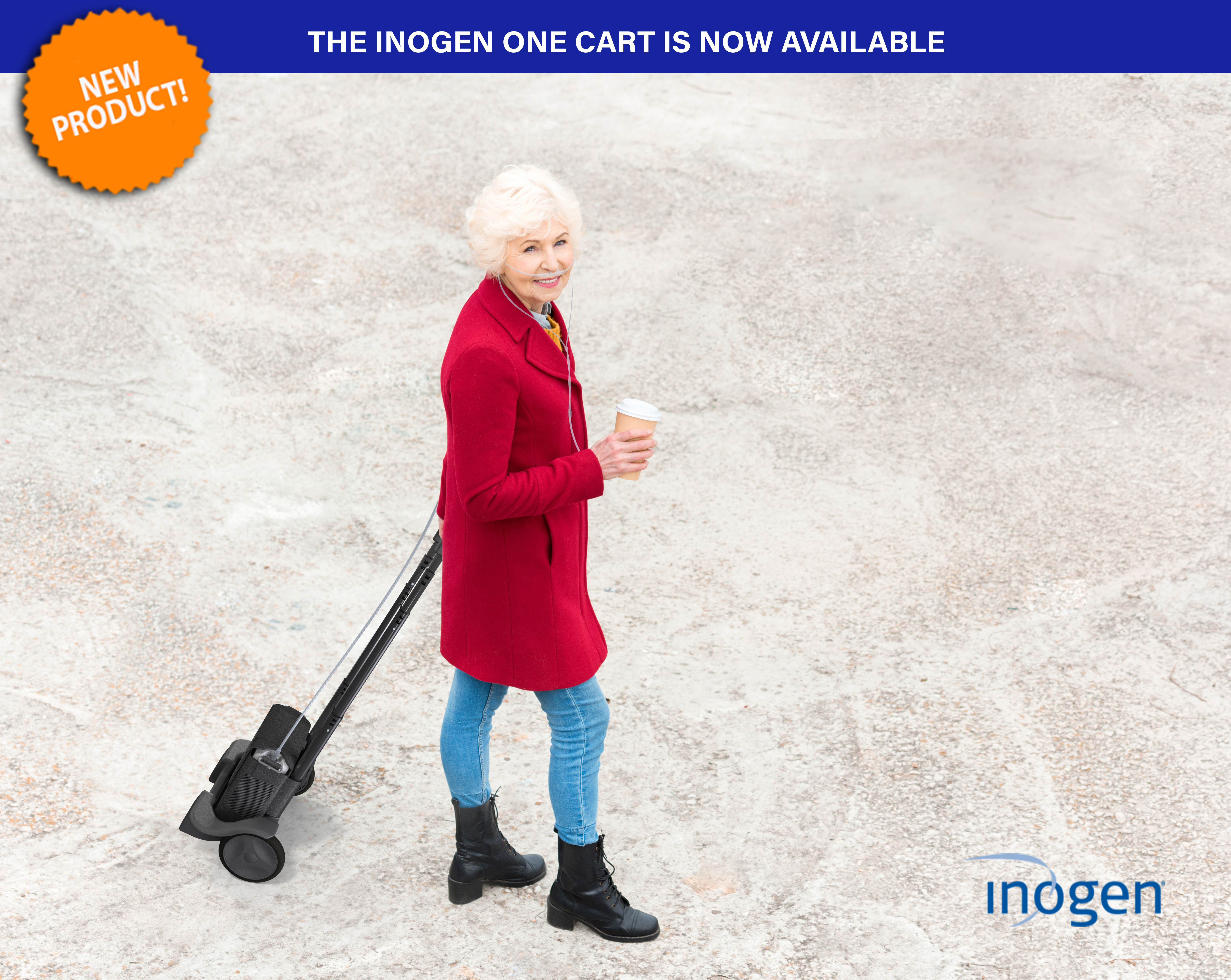 Woman pull an Inogen One Cart. New Product! The Inogen One Cart is now available.