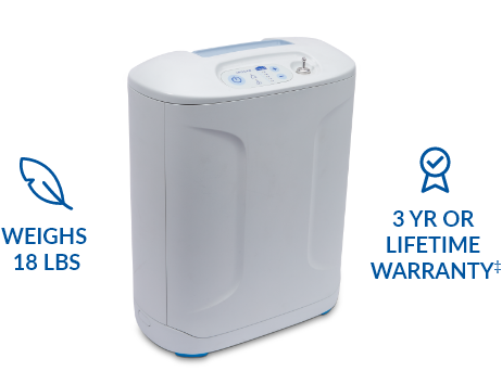 Inogen At Home. Weighs 18 pounds. 3 year or lifetime warranty‡.